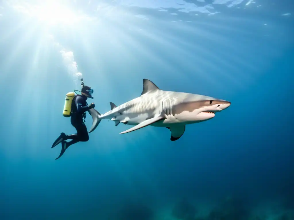 Imagen de buceador experto nadando con tiburón, mostrando técnicas seguras para filmar tiburones en un entorno submarino impresionante