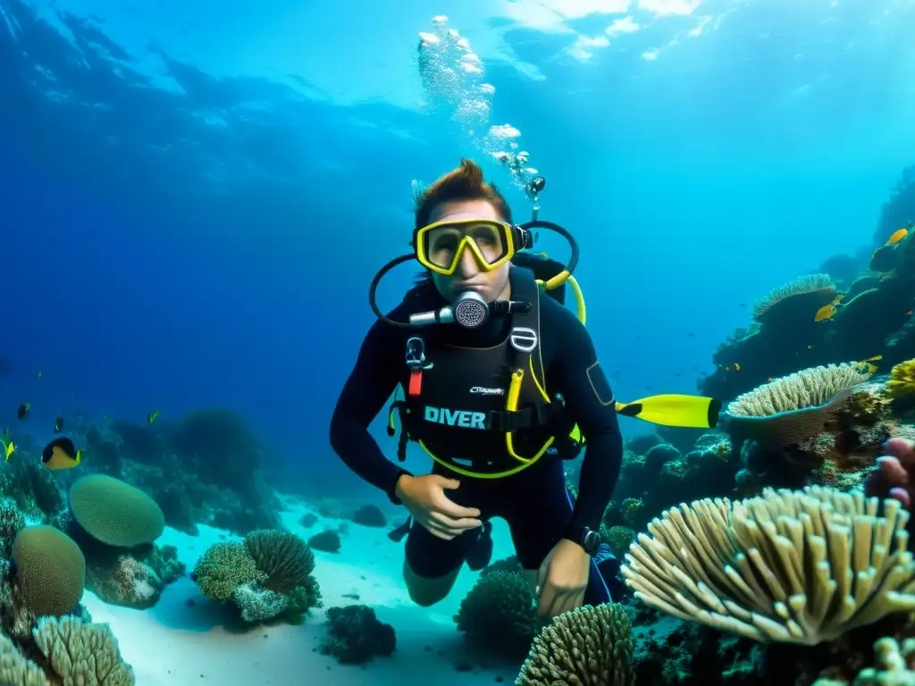 Imagen de un buceador con uno de los mejores chalecos compensadores para buceo, rodeado de coloridos arrecifes y vida marina