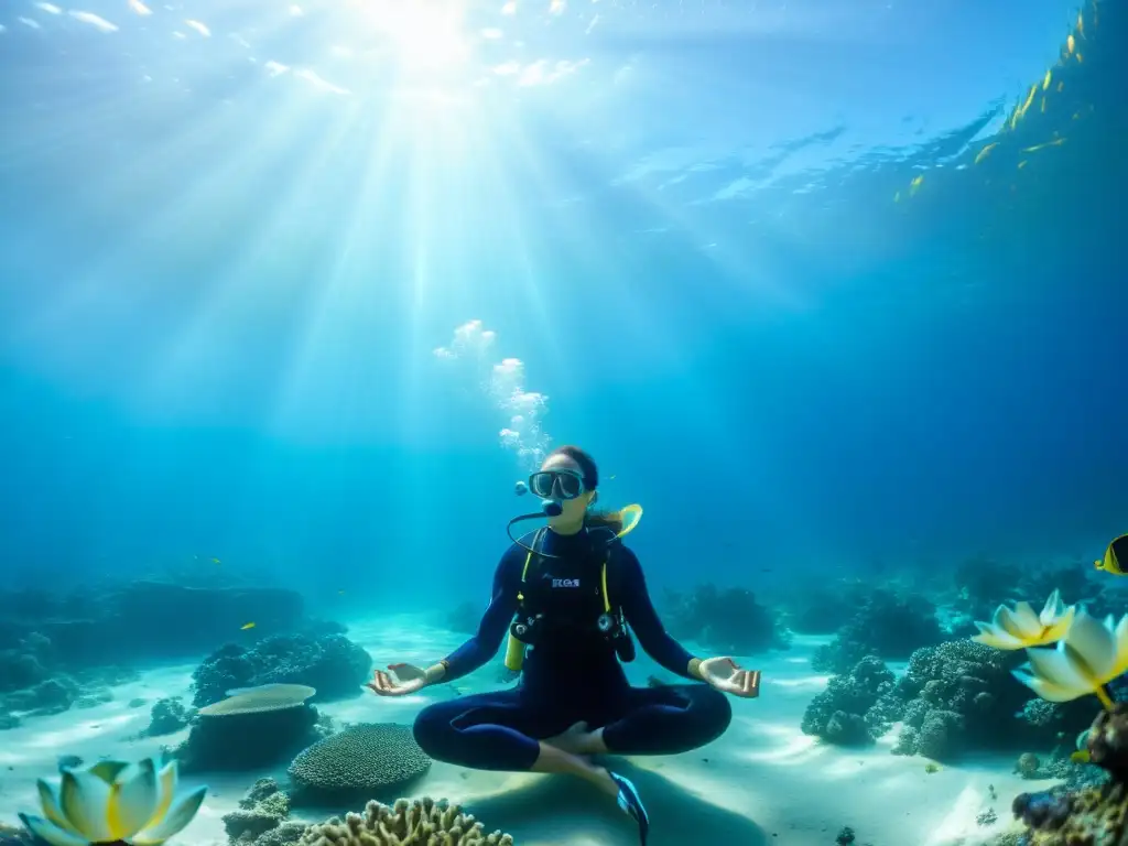 Imagen de buceador en posición de loto bajo el agua rodeado de vida marina y coral vibrante, transmitiendo mindfulness bajo el agua para buceo