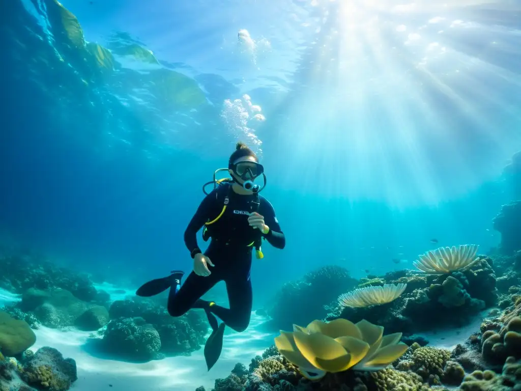 Imagen de buceador en posición de loto entre arrecifes de coral, mostrando la conexión entre meditación y buceo