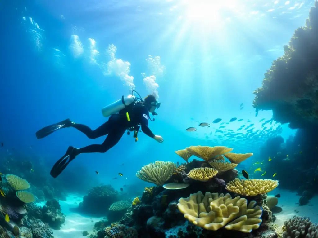 Imagen de un buceador explorando un vibrante arrecife de coral, rodeado de vida marina, creando un ambiente sereno y cautivador