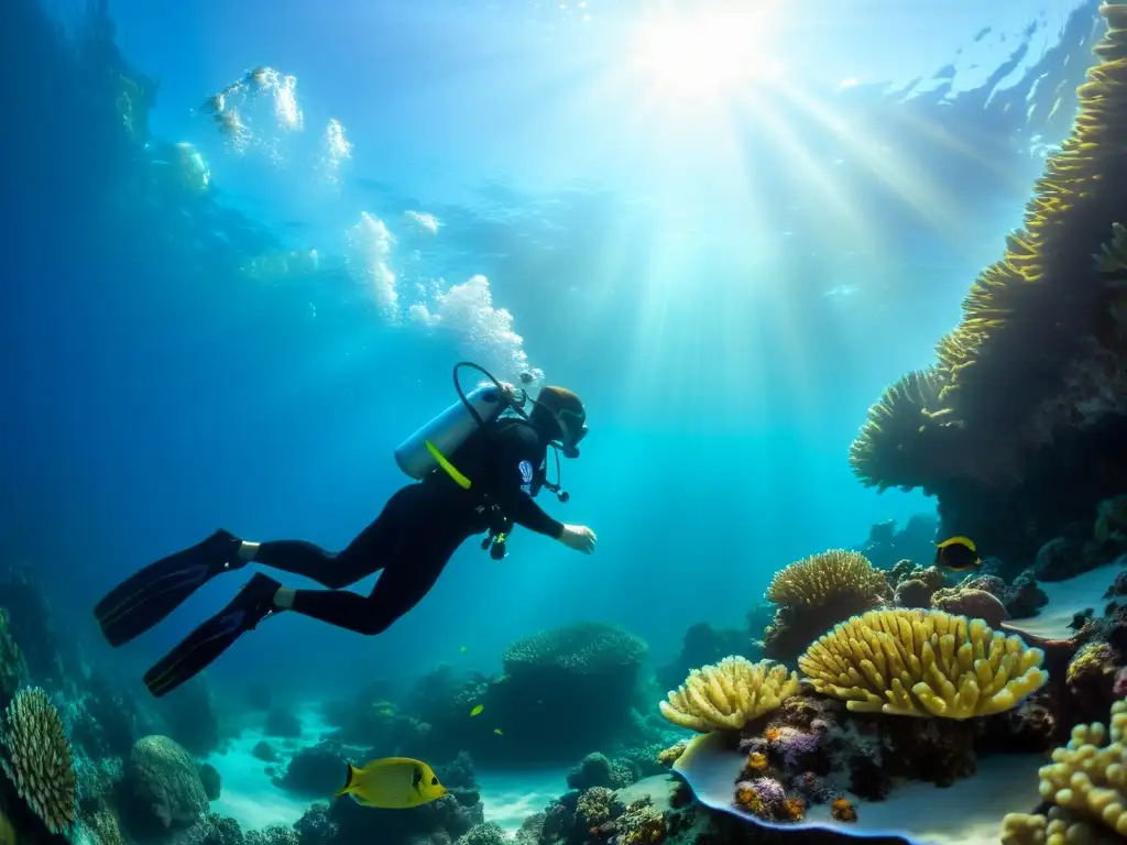 Imagen de buceo bajo el agua con mindfulness y conexión con la belleza del océano, rodeado de vida marina colorida