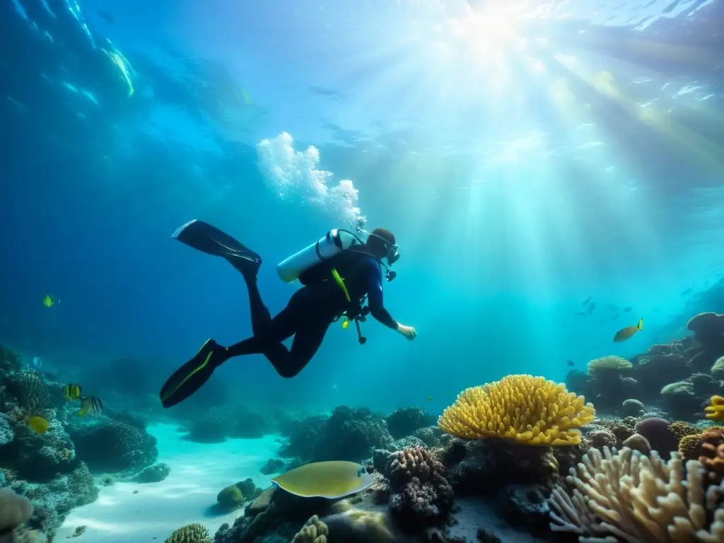 Imagen de buceo con mindfulness bajo el agua, rodeado de arrecifes de coral y vida marina colorida en el tranquilo fondo marino