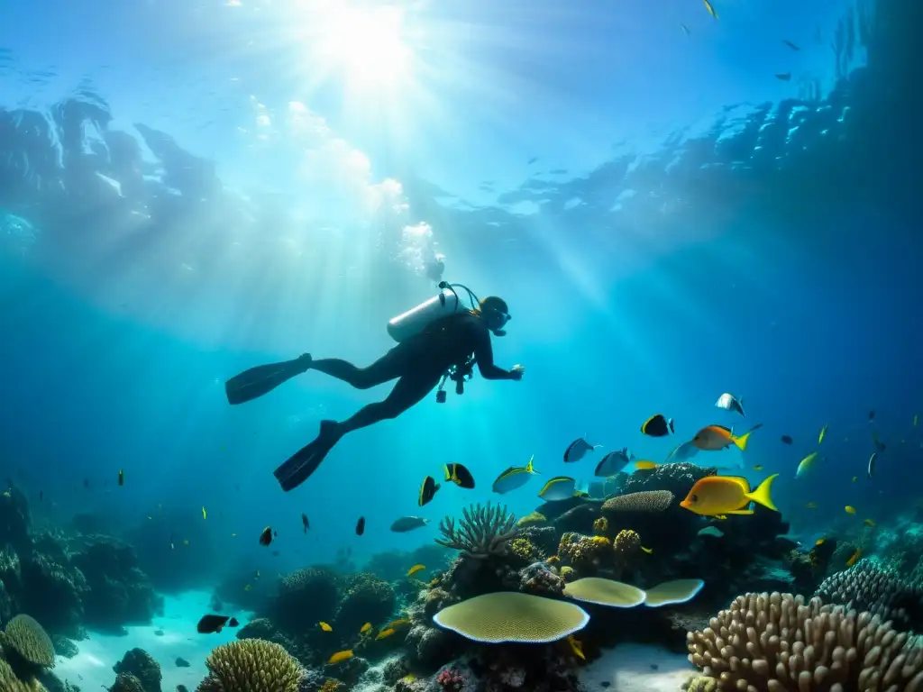 Imagen de buceo en arrecife de coral, certificación buceo corrientes marinas, rodeado de peces tropicales y el resplandor del sol en el fondo marino
