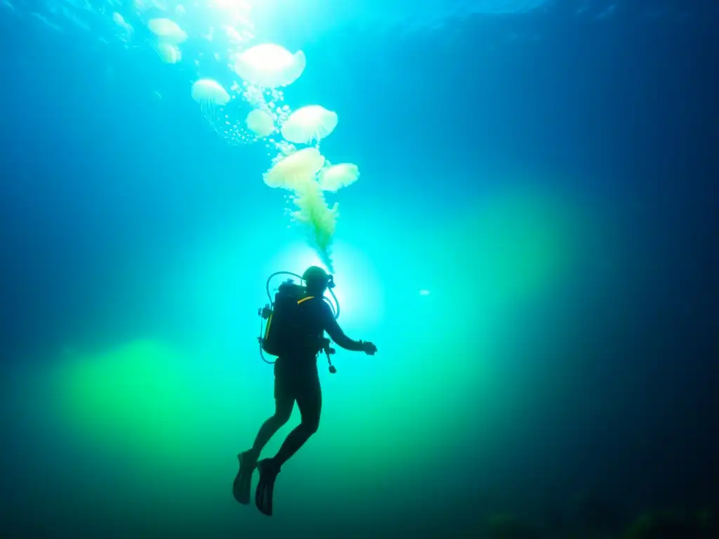 Imagen de buceo bioluminiscente: un mundo marino nocturno lleno de vida y misterio, con tonos azules y verdes vibrantes iluminando al buceador