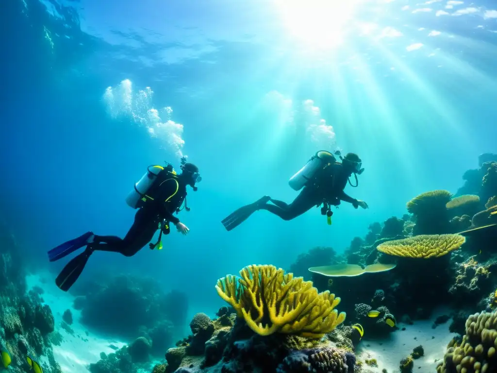 Imagen de buceo en pareja con equipos de buceo en aguas cristalinas, rodeados de vida marina colorida y trabajo en equipo