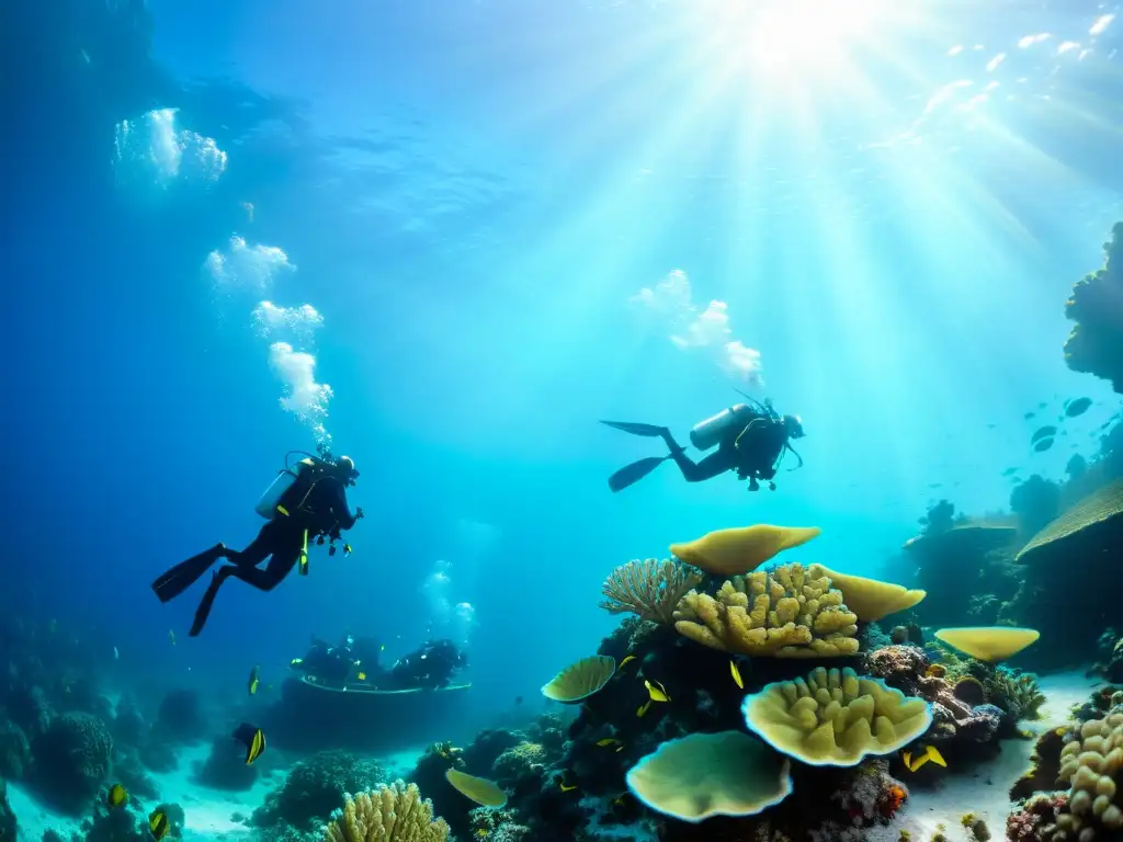 Imagen de buceo seguro en arrecife de coral con diversa vida marina vibrante bajo el agua cristalina