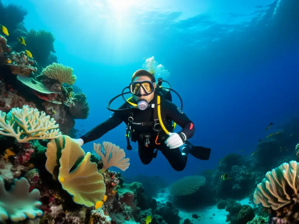 Imagen de buceo técnico profesional rodeado de vida marina y vibrantes arrecifes de coral, transmitiendo calma y aventura submarina