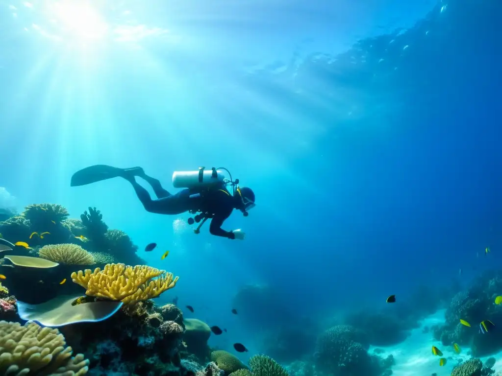 Imagen de buzo explorando un arrecife de coral vibrante con vida marina colorida, ideal para certificación de buceo con Nitrox