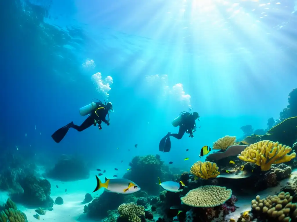 Imagen de buzos explorando un arrecife de coral vibrante, con peces coloridos y vida marina