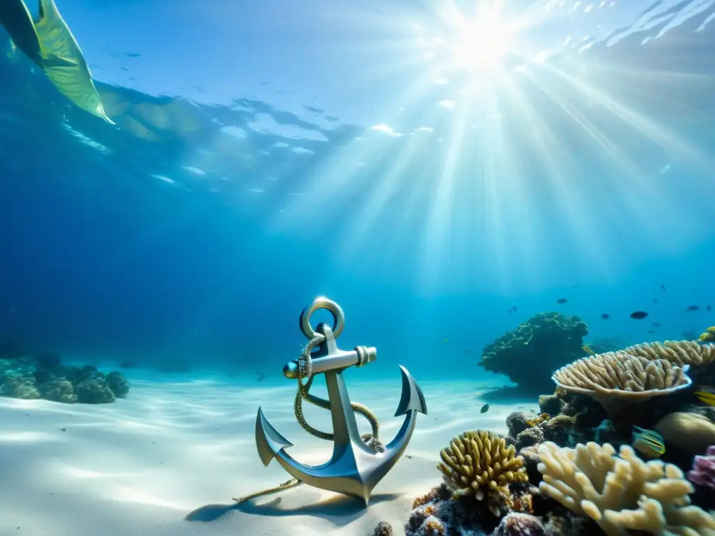 Una imagen cautivadora de un ancla plateada en el fondo marino, rodeada de coral vibrante y peces