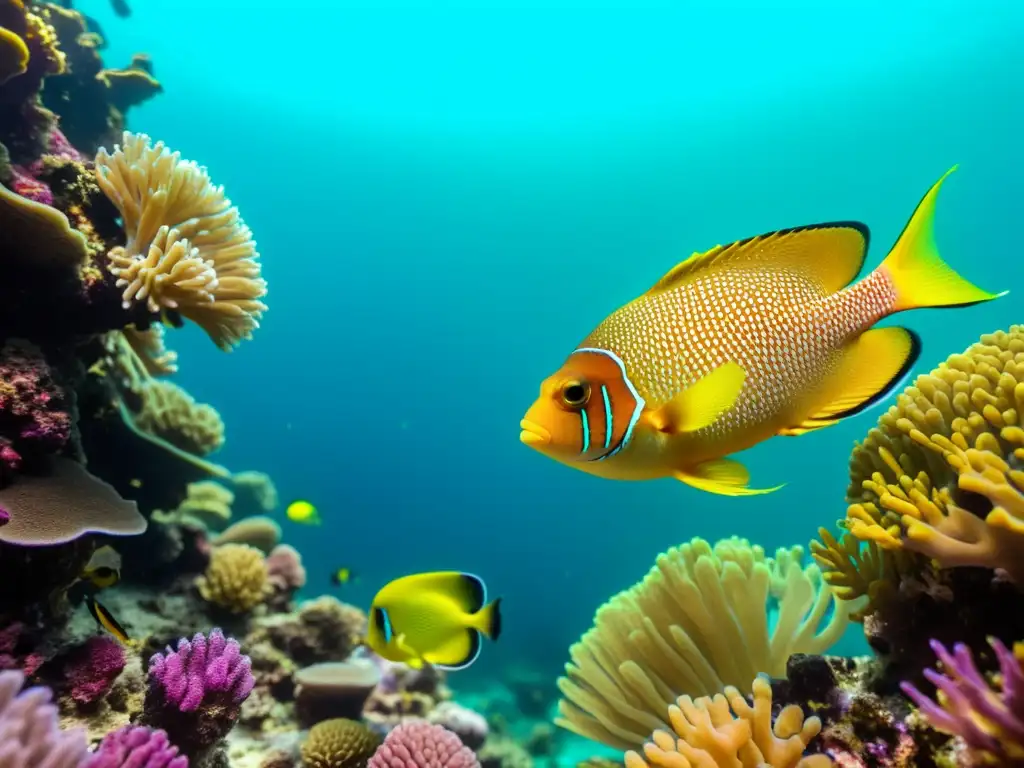 Imagen de un colorido arrecife de coral con peces hermafroditas mostrando adaptaciones reproductivas