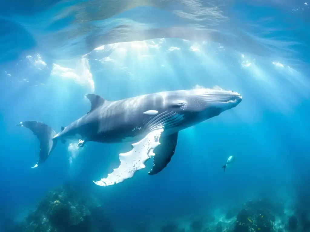 Imagen de convivencia de cetáceos con especies marinas en un majestuoso paisaje submarino de corales y vida marina, con una ballena jorobada en primer plano