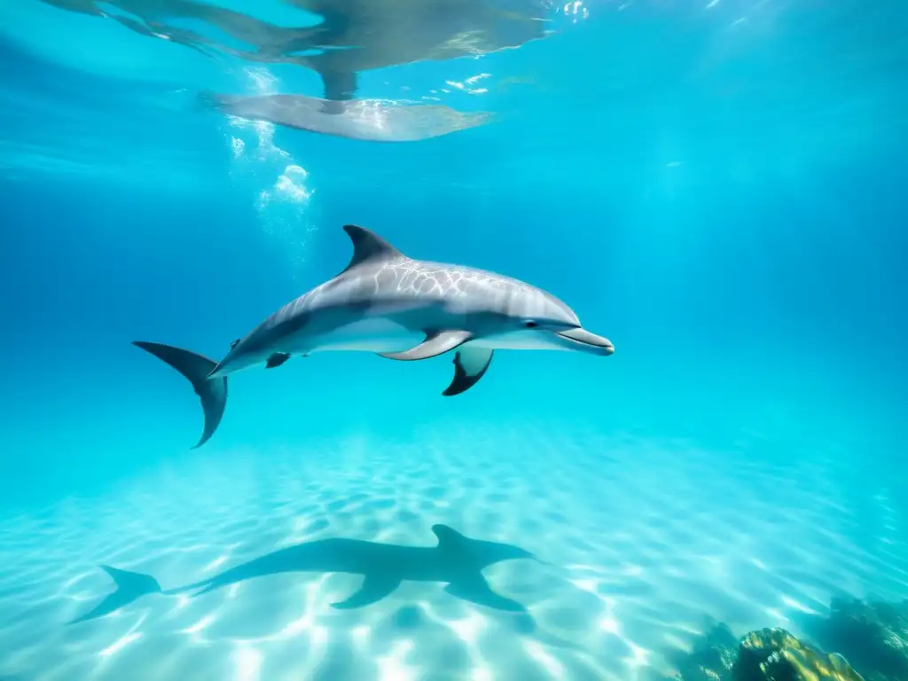 Imagen de tranquilidad: pod de delfines nadando sin impacto en arrecife colorido