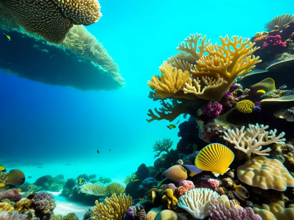 Imagen deslumbrante de un arrecife de coral rebosante de vida marina y accesorios marinos tendencia moda, bajo el agua cristalina