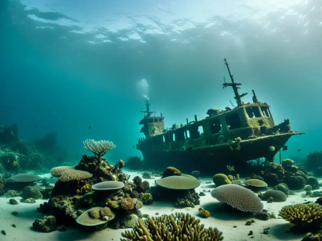 Imagen de un desolado e inquietante ecosistema marino distópico, con corales en descomposición y estructuras surrealistas, sumergidos en aguas turbias