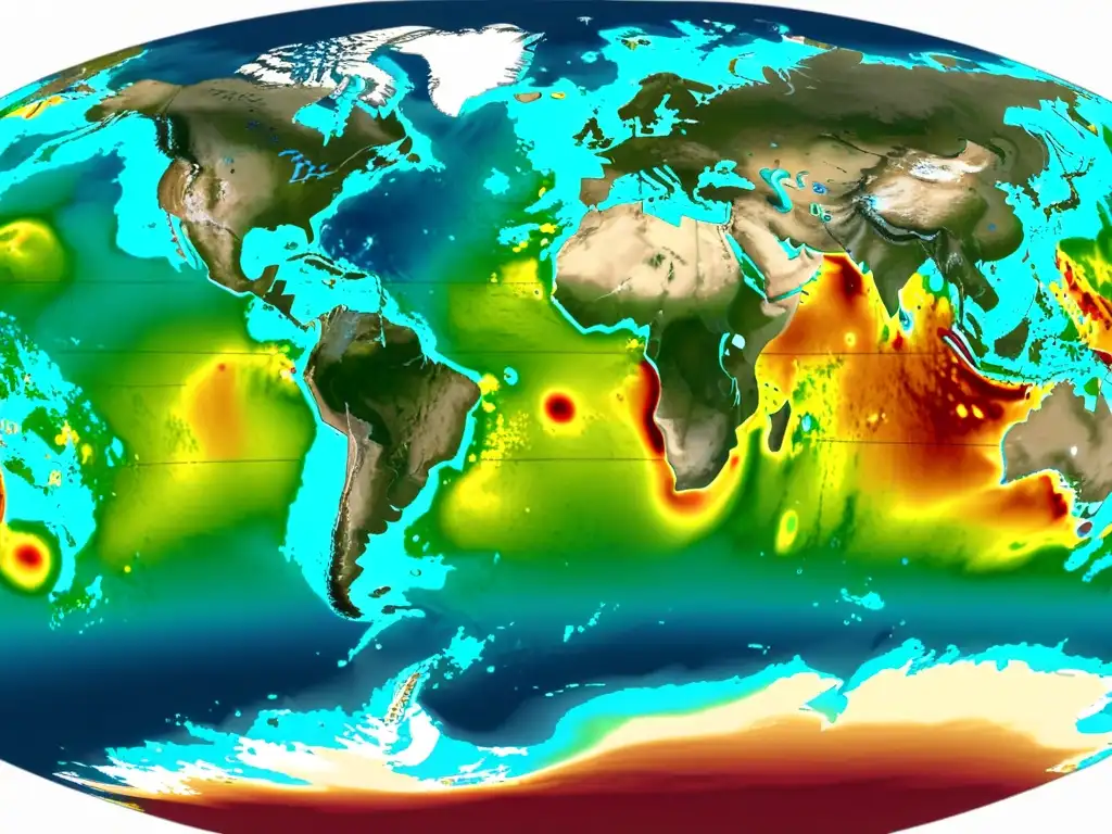 Imagen detallada de anomalías de temperatura en el océano Pacífico, revelando el característico calentamiento asociado a eventos de El Niño