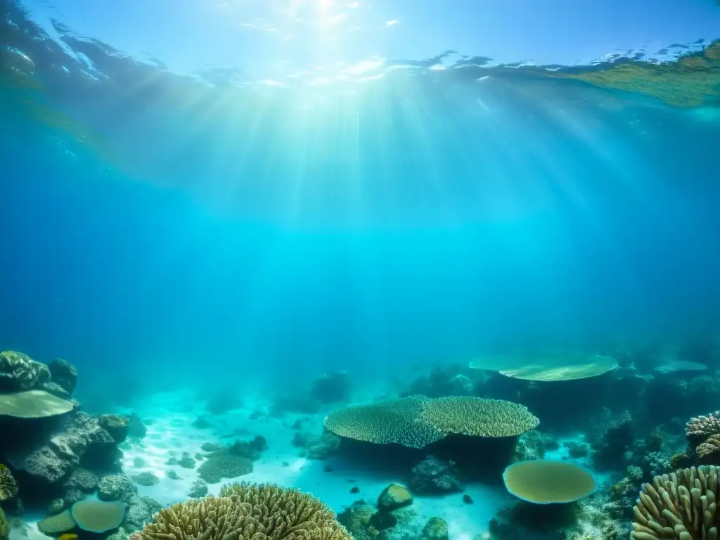 Imagen detallada de arrecife de coral en la Laguna Azul de Belice, con vida marina colorida y ambiente submarino, ideal para buceo de lujo