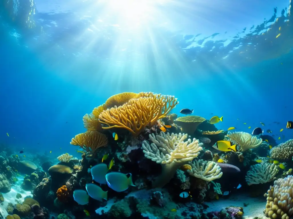 Imagen detallada de arrecifes de coral vibrantes con peces coloridos, anémonas intrincadas y abanicos marinos, en aguas cristalinas