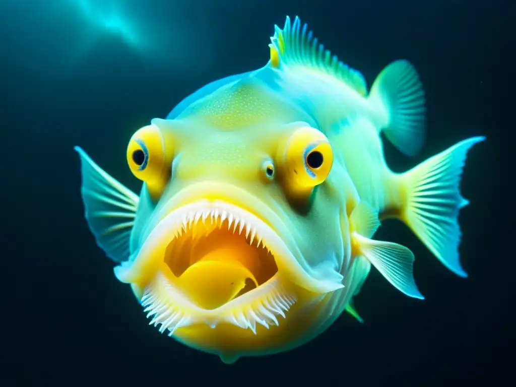 Anguila Bioluminiscente en 8K: Belleza y Misterio del Abismo Imagen 8k detallada de un aterrador pez abisal bioluminiscente que muestra la exploración de la vida marina en las profundidades abisales del océano