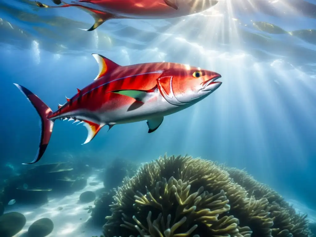 Imagen detallada de un atún rojo nadando en aguas cristalinas junto a peces plateados y algas