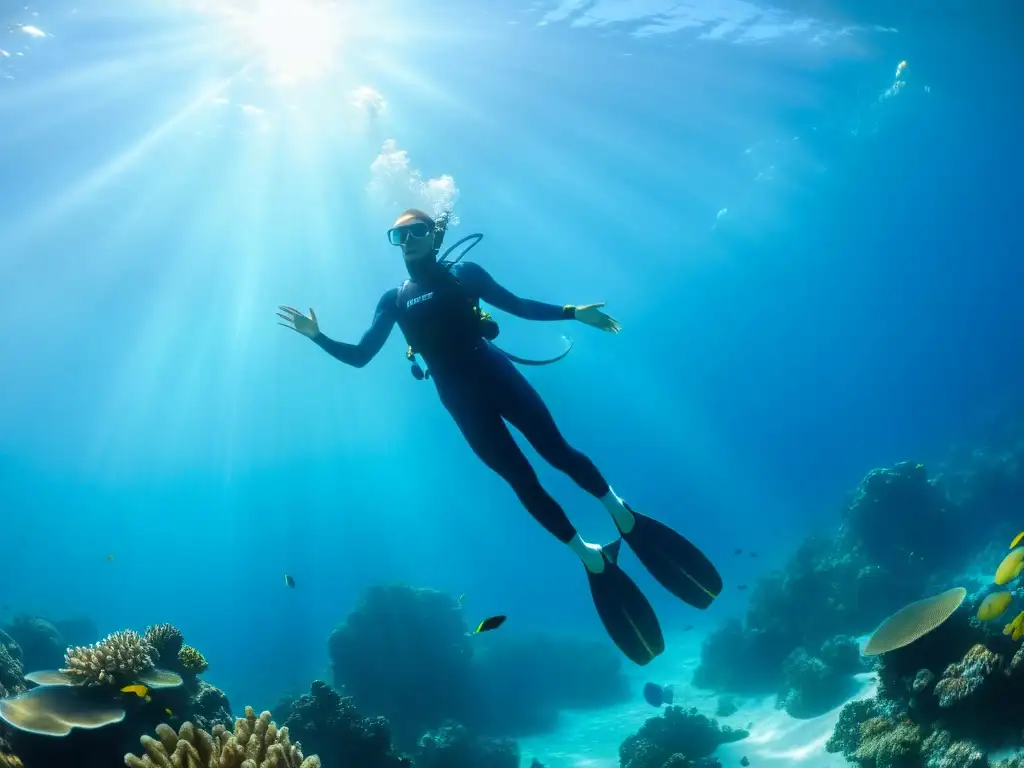 Imagen detallada: buceador libre rodeado de vida marina y arrecifes de coral, destacando la importancia del estiramiento en buceo