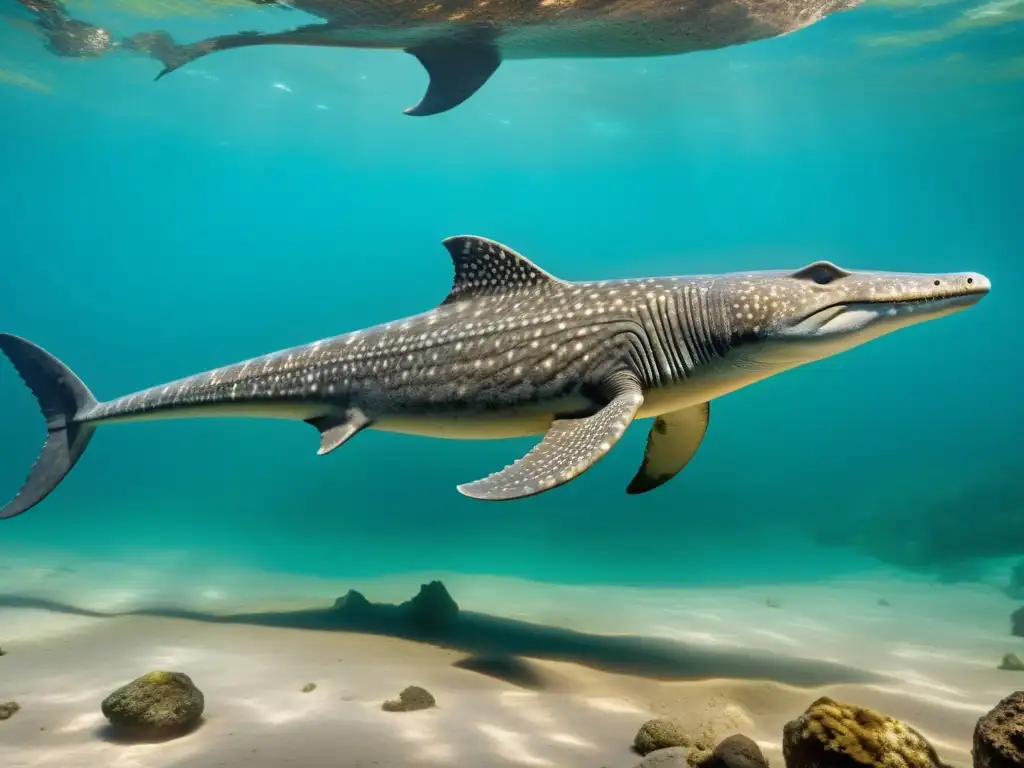 Imagen detallada de un fósil de ictiosaurio nadando en aguas cristalinas, rodeado de flora y fauna marina prehistórica