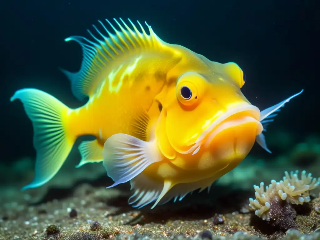 Imagen detallada de un pez abisal bioluminiscente camuflado en el lecho marino oscuro, destacando adaptaciones de especies marinas abisales