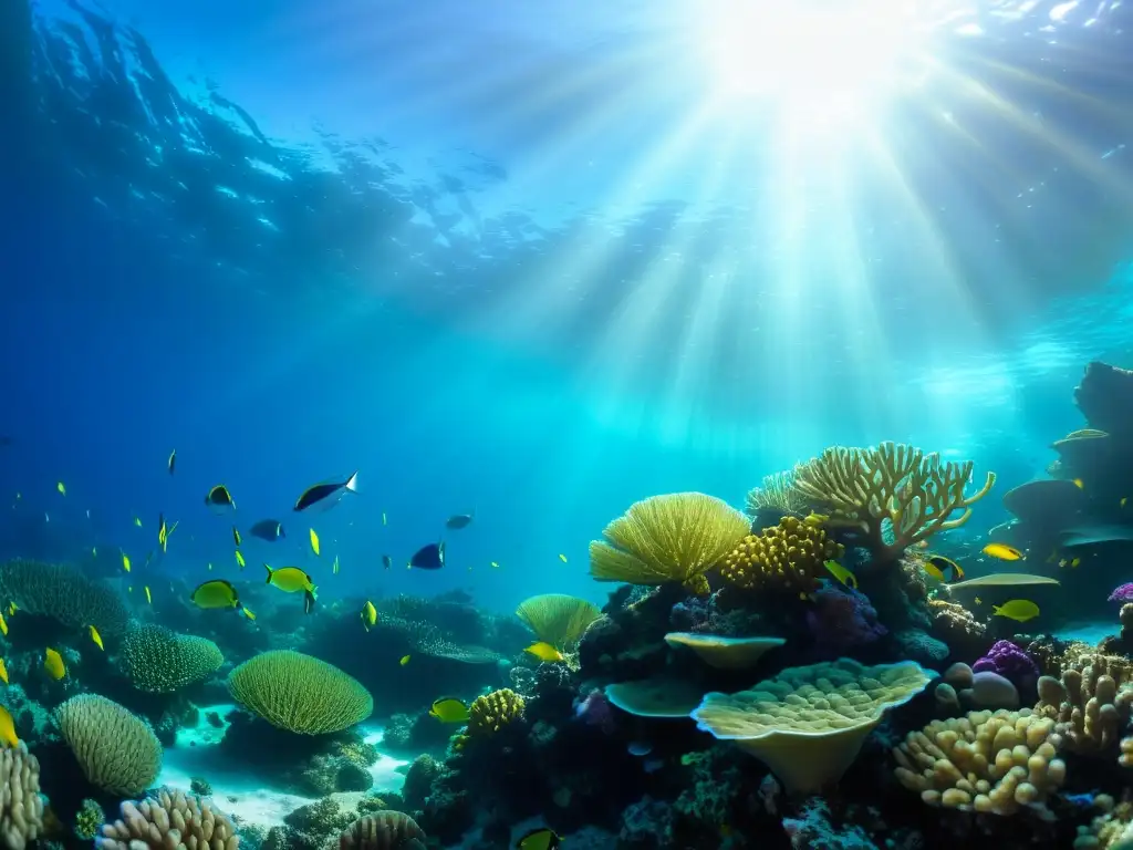 Imagen detallada de un vibrante arrecife de coral, vida marina colorida y plantas marinas ondeantes