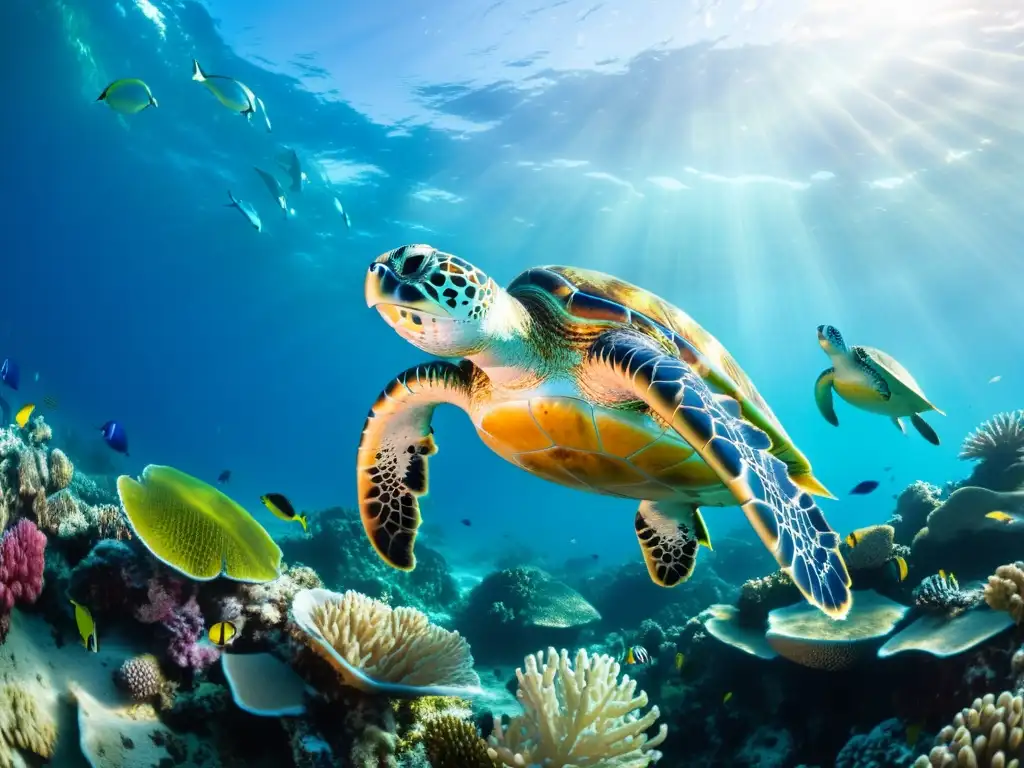 Imagen detallada de un vibrante arrecife de coral en 8k, con tortugas marinas nadando entre corales coloridos