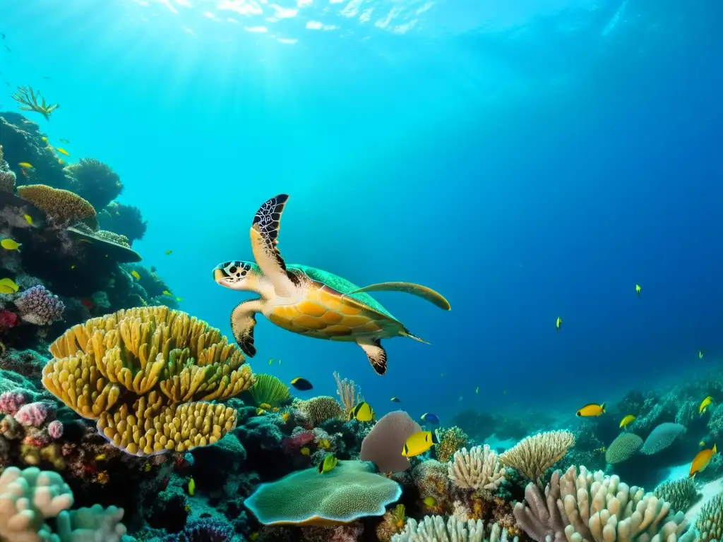 Imagen de ecosistema marino diverso y vibrante: arrecifes de coral, peces coloridos, tortugas marinas y plantas acuáticas