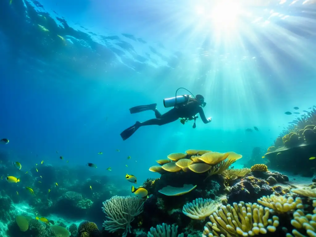 Imagen de un ecosistema marino vibrante con coral, peces y tortugas marinas, muestra relaciones saludables entre fauna y flora marina