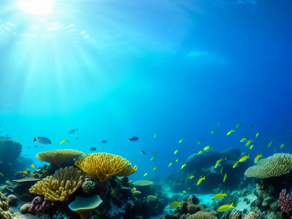 Imagen de un ecosistema submarino único descubrimiento: arrecife de coral lleno de vida, peces coloridos y plantas marinas, iluminado por el sol