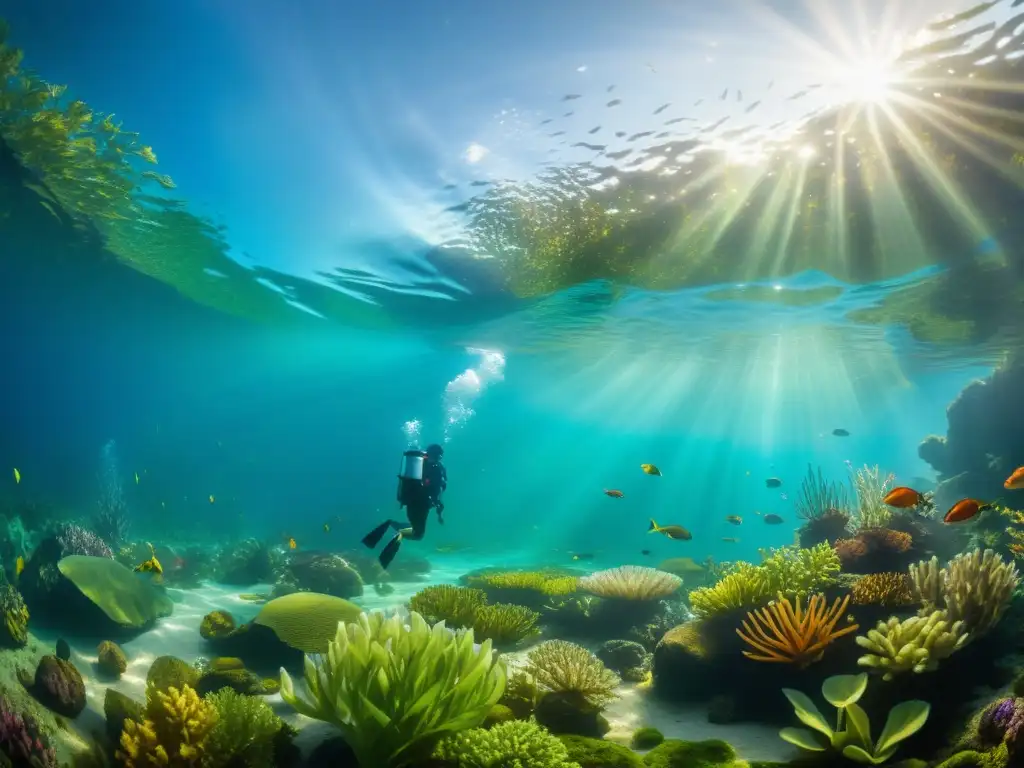 Imagen del ecosistema vibrante de un lago claro, con luz solar iluminando plantas acuáticas y peces