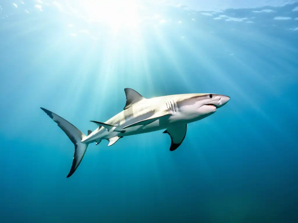 Imagen de un elegante tiburón martillo plateado nadando en aguas cristalinas, destacando la diversidad de tiburones en océanos