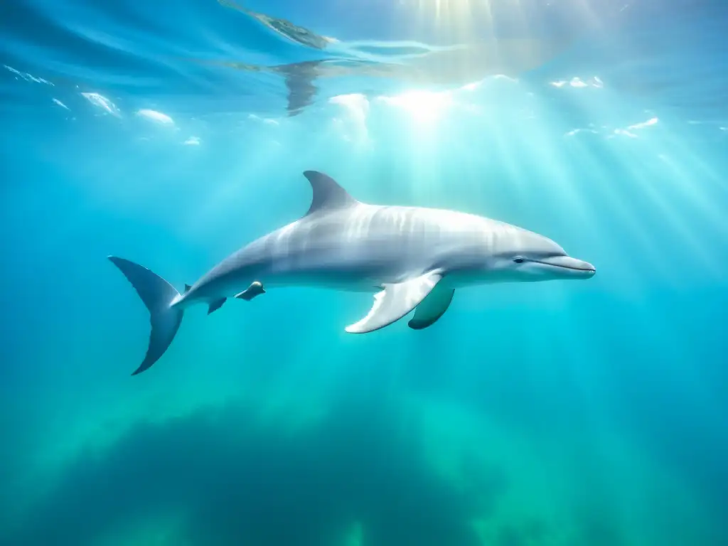 Una imagen emocionante de pesca fantasma cetáceos nadando con gracia en aguas turquesas