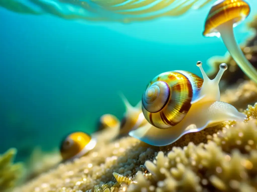 Imagen de ensueño submarino con caracoles marinos transparentes y vibrantes, reflejando la luz solar