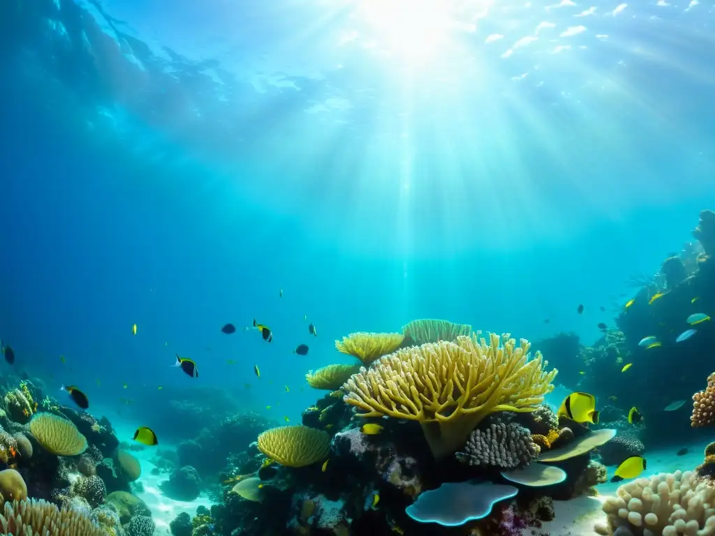 Imagen de un exitoso acuario marino, con arrecife de coral vibrante, peces coloridos y vida marina diversa bajo el agua cristalina y la luz del sol