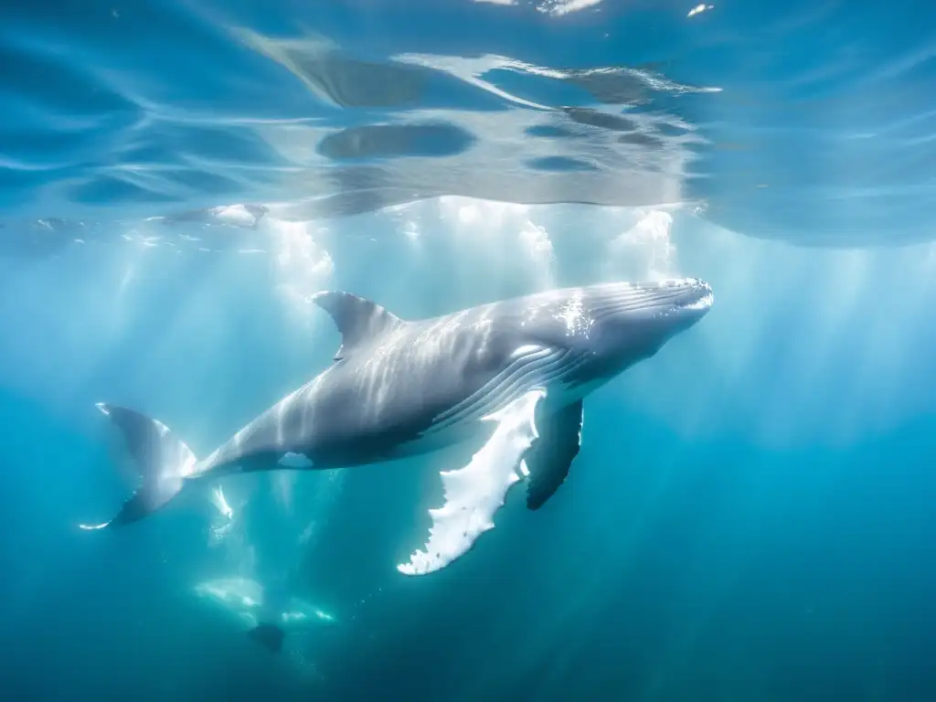 Imagen de exposiciones de ballenas marinas: majestuosa ballena jorobada surcando las aguas cristalinas, rodeada de vida marina vibrante