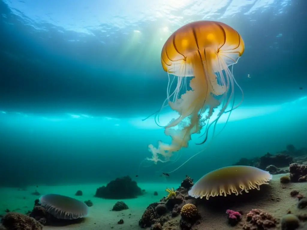 Imagen fascinante de la vida en la zona hadal, con criaturas bioluminiscentes en un abismo oscuro