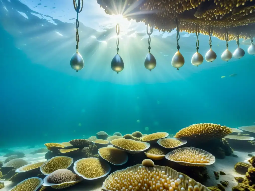 Imagen de una granja de perlas subacuática, donde las perlas cultivadas brillan en aguas cristalinas, evocando innovación y joyería sostenible