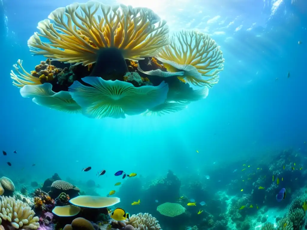 Imagen impactante de un arrecife de coral colorido con vida marina, maridaje vinos bebidas mariscos