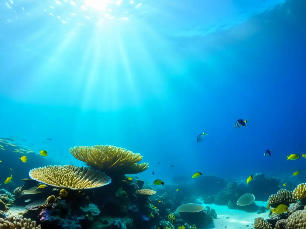 Imagen impactante de un arrecife de coral vibrante, repleto de vida marina colorida y con una visibilidad perfecta en el agua azul clara