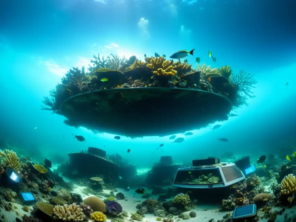 Imagen impactante de un arrecife de coral rodeado de desperdicios electrónicos en el fondo del mar, mostrando la devastación en los océanos