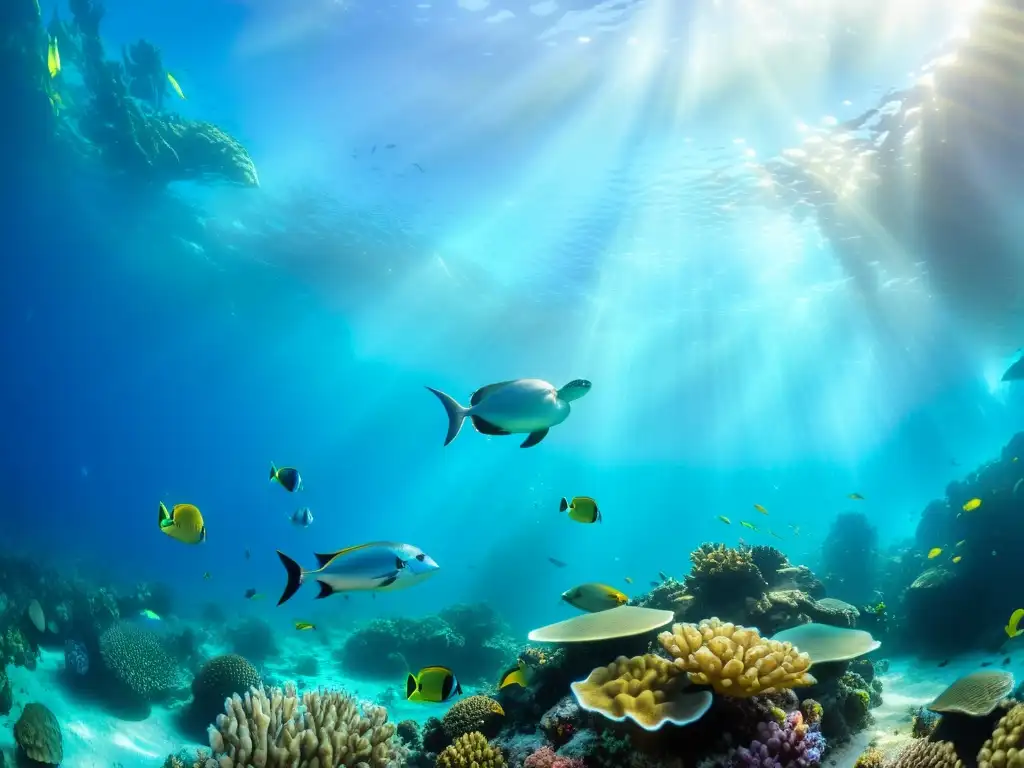 Imagen impactante de un arrecife de coral lleno de vida marina, resaltando la biodiversidad y el impacto ambiental de cruceros oceánicos