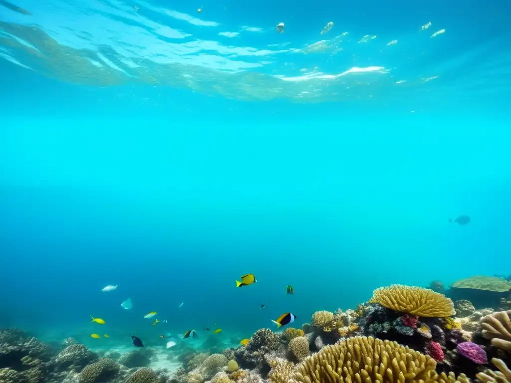 Imagen impactante de un arrecife de coral vibrante y diverso contrastado con la contaminación plástica