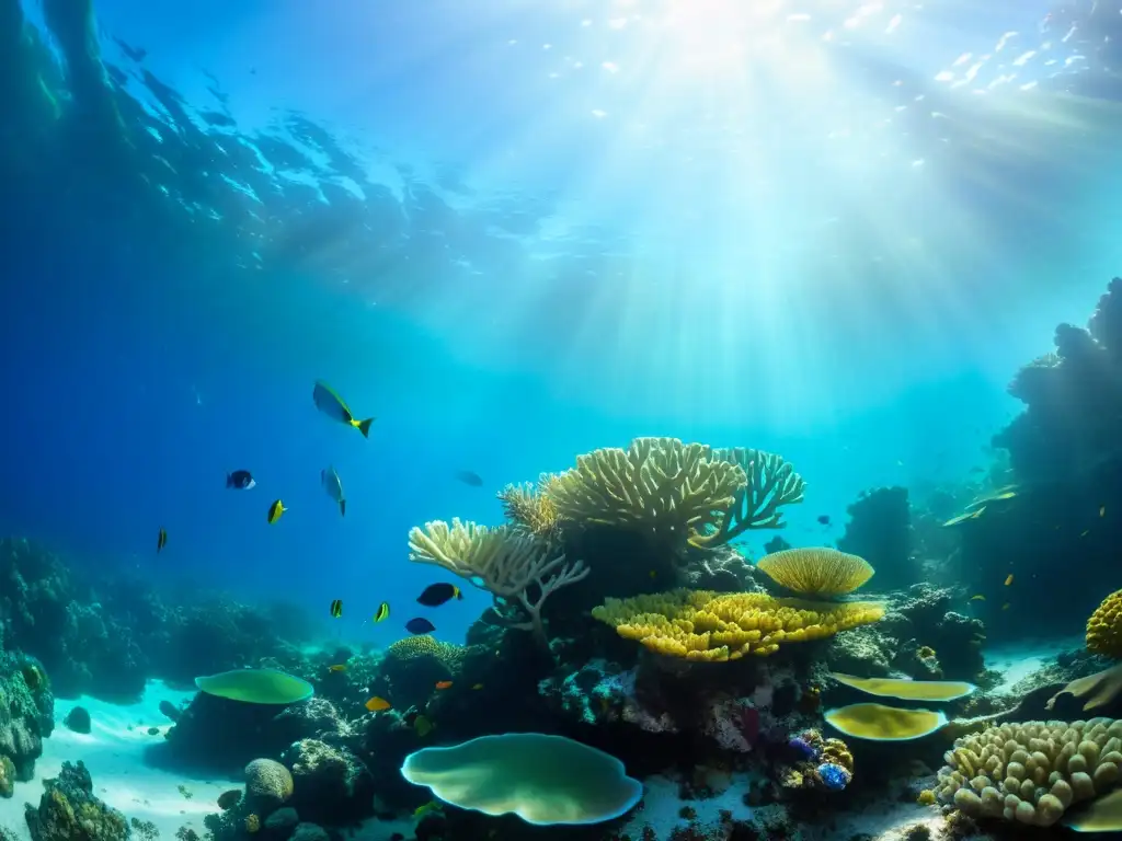 Imagen impactante de un arrecife de coral vibrante y diverso, con peces coloridos y la danza de la luz solar