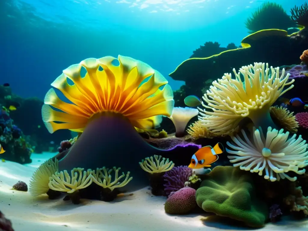 Imagen impactante de un arrecife de coral vibrante en un acuario casero, con peces coloridos y anémonas marinas