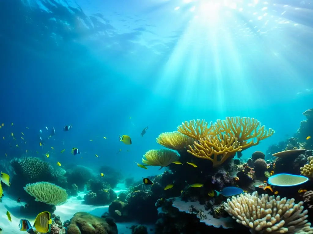 Imagen impactante de un arrecife de coral vibrante, vida marina colorida y aguas cristalinas