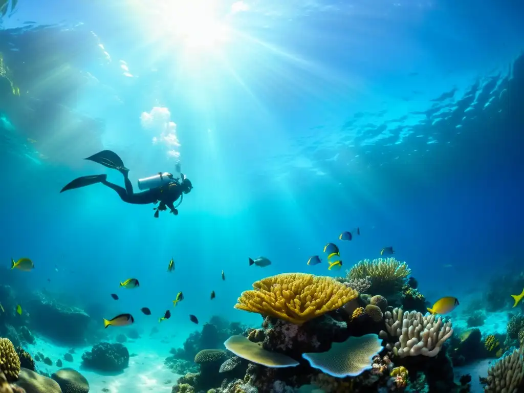 Exploración submarina: belleza en el arrecife de coral Imagen impactante de un arrecife de coral vibrante, peces coloridos y un buceador en un paisaje submarino dorado